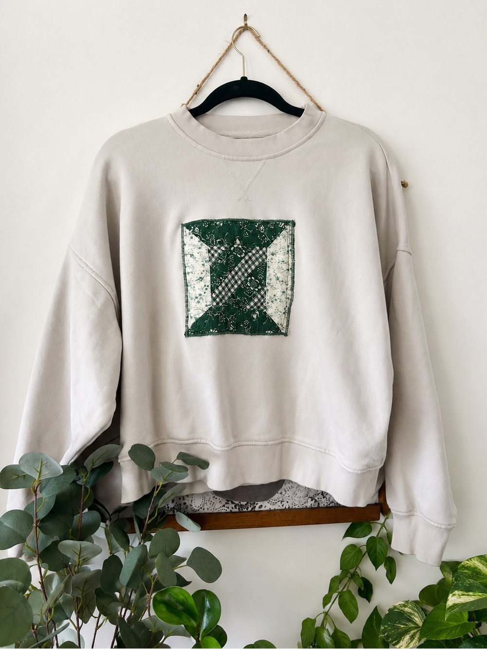One-of-a-Kind Upcycled Quilt Sweatshirt | Handmade Cream Crewneck | Size Medium